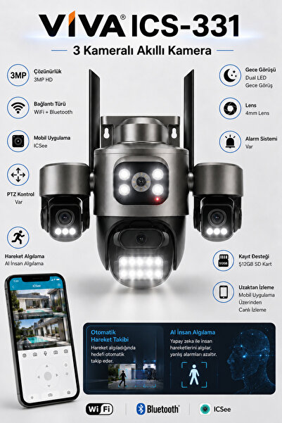 VİVA ICS-331 3 Kameralı Akıllı Dış Mekan PTZ WiFi Güvenlik Kamerası 3MP ICSee...