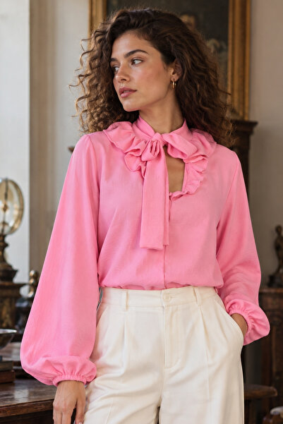armonika Women's Pink Blouse with Tie Collar and Ruffle Detail and Elastic Sl...