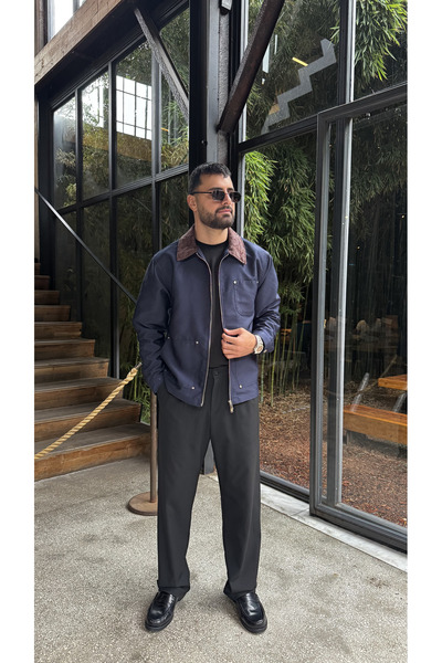 JESSE STORY جاكيت رجالي من الجبردين بياقة إيطالية، تصميم عادي، مبطن، بسحاب، م...