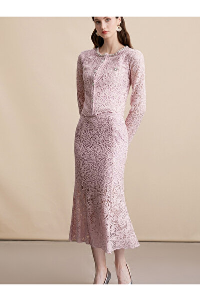Take Two By Styli Pink Lace Midi Dress And Diamond-Encrusted Cardigan