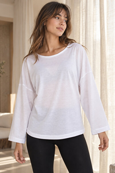 armonika Women's White Crew Neck Oversize Long Sleeve Basic T-Shirt Arm-27K00...