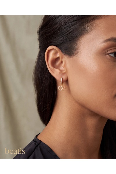 Beatis Gold Color Zircon Stone Interlocking Heart Dangle Hoop Earrings