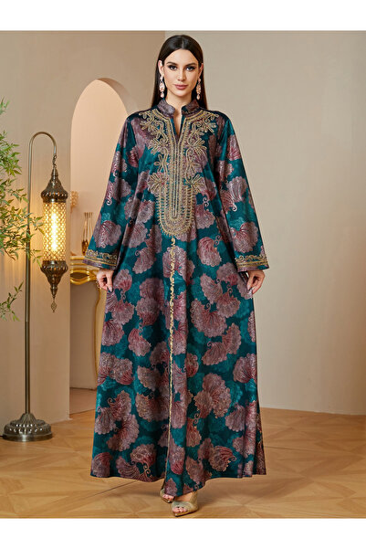 Take Two By Styli Green Embroidered Notch Neck Maxi Jalabiya Dress