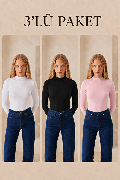 COMBİNE MİCHAİL Women's Half Turtleneck Basic 3-Piece Blouse