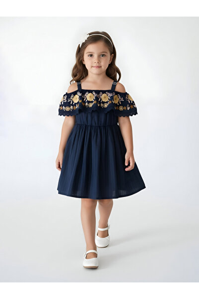 Bella Moda By Styli Girls Navy Blue Embroidered Cold-Shoulder Midi Dress