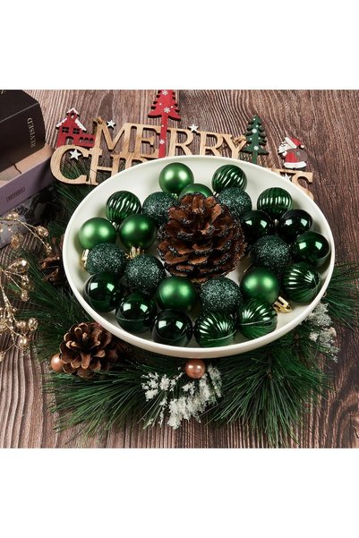 Generic Christmas Tree Ornaments, Dark Green Shatterproof Balls, 24 Piece Set, 6cm Diameter, 4 Styles - Glitter, Matte, Ribbed, Shiny Finish for Holiday Decorations