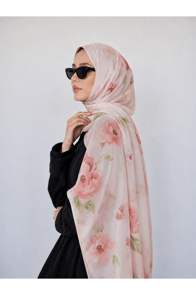 Hepsi Moda Ebruli Flowers Desen Farnasız İpeği Şal - Vizon & Ekru