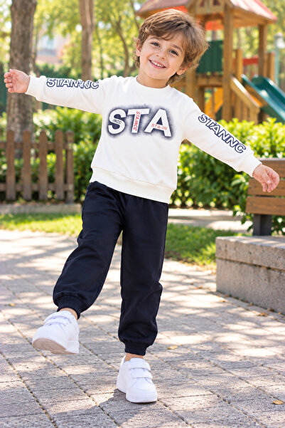 SERPİL Boy's White Printed Sweatshirt Navy Blue Sweatpants 2-Piece Sports Set