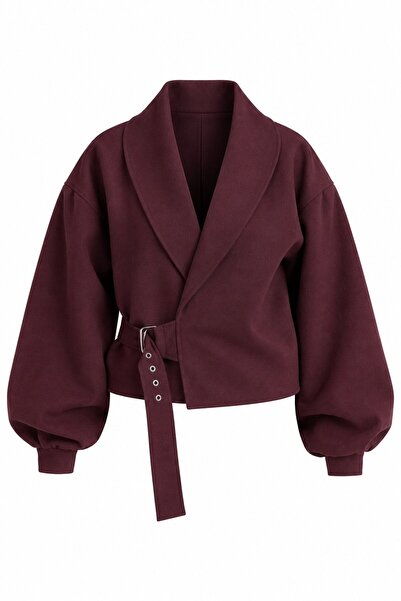 Laluvia Bordo Kendinden Kemerli Crop Ceket - 5169