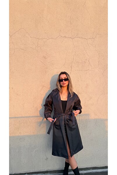 BELİS WEAR Women's Midi Trench Coat Classic Collar Belted Elastic Sleeves Sea...
