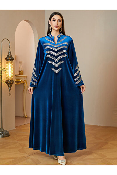 Take Two By Styli Dark Blue Velvet Maxi Jalabiya With Silver Embroidery