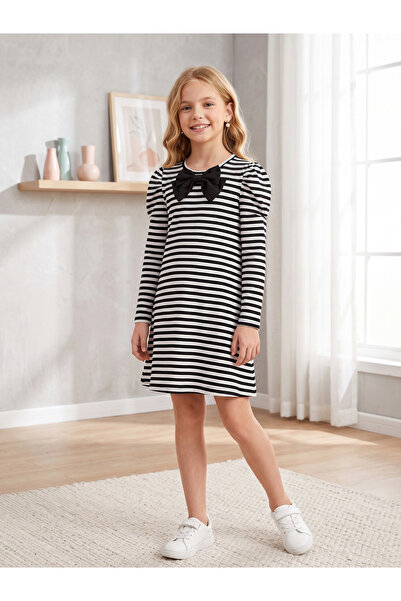 Take Two By Styli Girls Striped A-Line Midi Dress With Puff Sleeves And Bow D...
