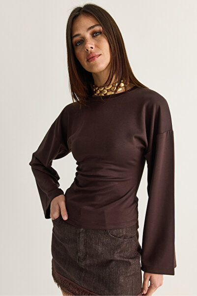Bianco Lucci Women's Bitter Coffee Long Sleeve Waist Fitted Pleated Detailed ...