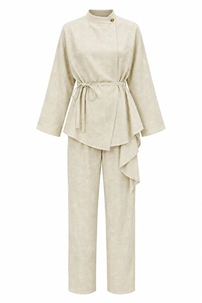 Laluvia Yellow Flounce Thin Belted Kimono Set - 8739