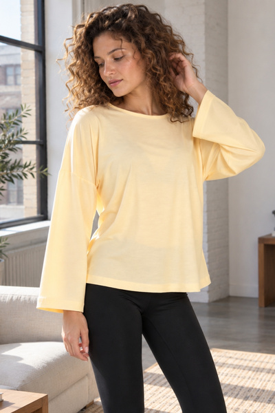 armonika Women's Yellow Crew Neck Oversize Long Sleeve Basic T-Shirt Arm-27K0...