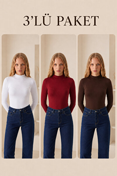 COMBİNE MİCHAİL Women's Half Turtleneck Basic 3-Piece Blouse