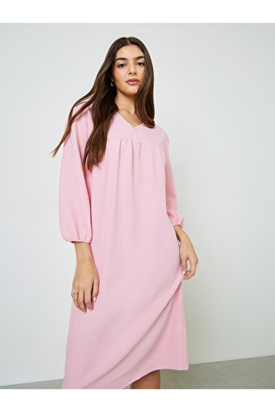 Take Two By Styli Pink Textured 3/4 Puff Sleeves Midi Dress