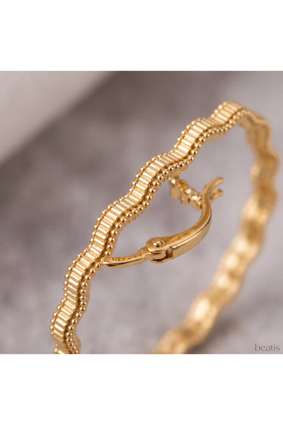 Beatis Gold Color Wavy Bead Textured Oval Large Hoop Earrings