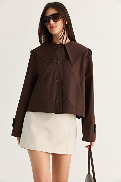 Bianco Lucci Women's Bitter Coffee Wide Collar Pocket Detailed Lined Buttoned...