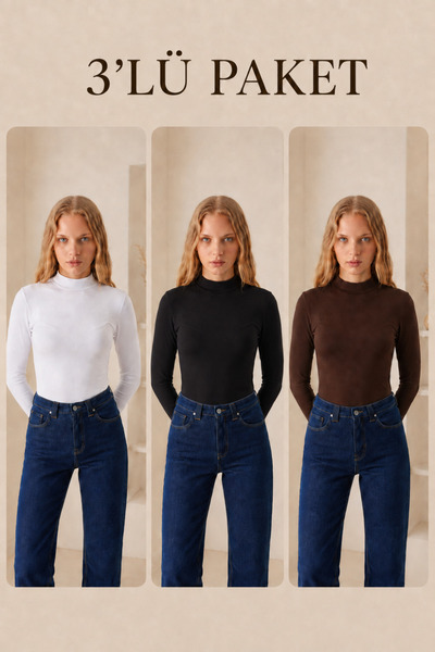 COMBİNE MİCHAİL Women's Half Turtleneck Basic 3-Piece Blouse