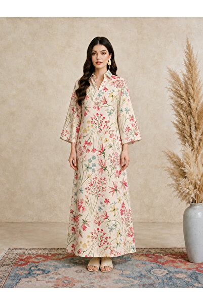 Take Two By Styli Peach Floral Print Open Collar Jalabiya