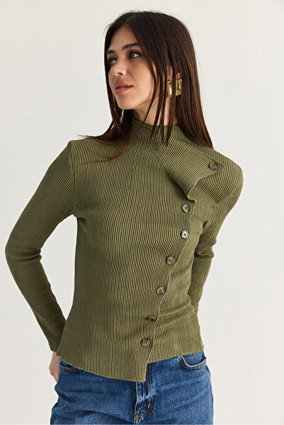 Bianco Lucci Women's Green Asymmetrical High Neck Button Detailed Knitted Blo...