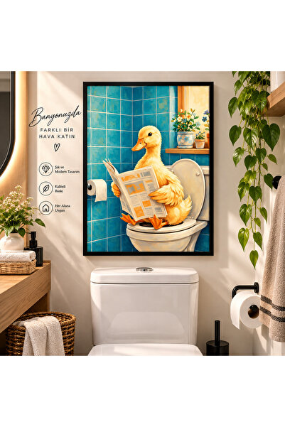 Ördekli Banyo Tablosu Siyah Çerçeveli Dekoratif Duvar Tablosu 30x40
