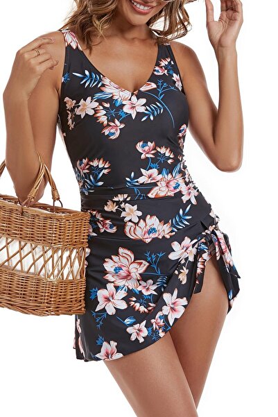 SHEKINI Costum de baie întreg pentru femei, cu fustă, cu control al abdomenul...