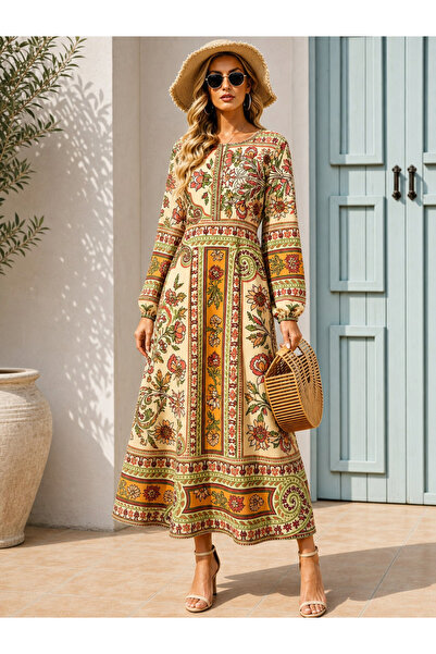 Take Two By Styli Orange Geometric Print A-Line Maxi Dress With Long Sleeves