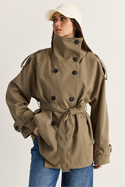 Bianco Lucci Women's Khaki Epaulettes, Stand Collar, Belted, Pocket Detailed,...