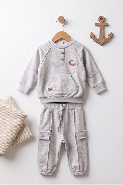 Caramell Baby Boy Set 100% Cotton 2 Yarn Whale and Ship Printed Top and Botto...