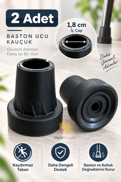 MultiTrendy 2 Adet Baston Lastiği 18 mm Kaymaz Kauçuk Baston Ucu Kanedyen Kol...
