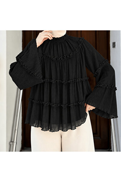 Hepsi Moda Piliseli Fırfır Detaylı Şık Bluz Siyah
