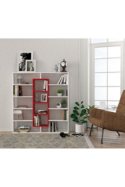 Dekorister Ample Beyaz-Kırmızı Kitaplık - 5 Raflı Dekoratif Çok Amaçlı Ev ve ...