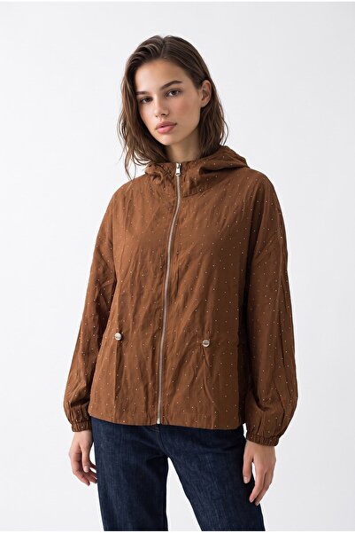 Mixray 2237 Stoned Adjustable Drawstring Hooded Zippered Jacket Brown