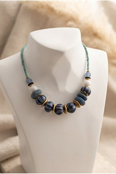 ZGNOVA Handmade Navy Blue and White Striped Glass Beaded Special Design Necklace