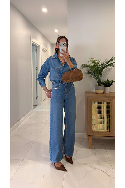 BİRCANÇİL Fidra Mavi Taş Detaylı Denim Gömlek Pantolon Takım