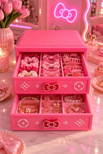 PELIUS Hello Kitty Pink Drawer, 2-Tier Organizer, Storage, Jewelry and Buckle Box