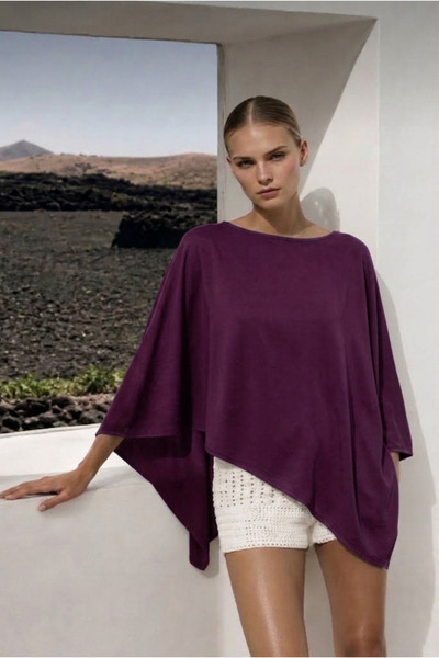 pistore Plum Poncho Off-The-Shoulder Asymmetrical Cut Cape Blouse