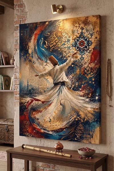 EvimeTablo Mevlana ve Semazen Temalı Çerçevesiz Kanvas Tablo - Hat Sanatı Det...