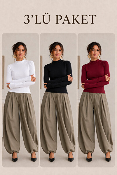 COMBİNE MİCHAİL Women's Half-Throat Slim Basic 3-Piece Blouse