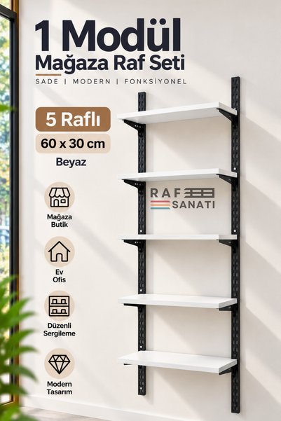 Raf Sanatı 1 Modül 5 Raflı Konik Dikme Mağaza Raf Sistemi 60x30 cm Beyaz Sunt...