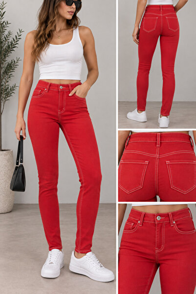 Genel Markalar Kadın Likralı dar paça kırmızı skinny pantolon