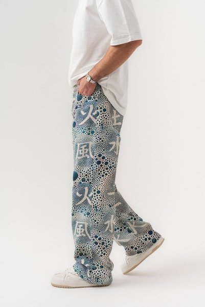 go gang own Aqua Kanji Patterned Baggy Jean Trousers