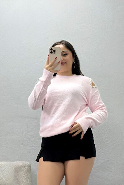 BELENDİR Women's Knitwear Off-Shoulder Pearl Embellished Sweater Pink
