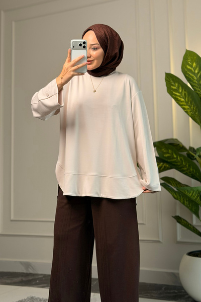 Suede Style 6656 - Rahat, Salaş Basic Kol Düğme Detaylı Kadın Uzun Sweatshirt