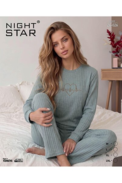 Night Star طقم بيجامة روما القطنية المحبوكة بطبعة نبضات القلب بلون النعناع