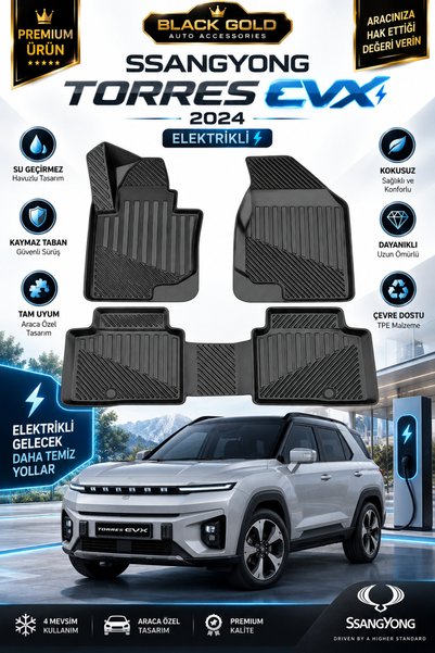 Black Gold SsangYong Torres EVX 2024+ Elektrikli 3D TPE Kauçuk Oto Paspas | A...