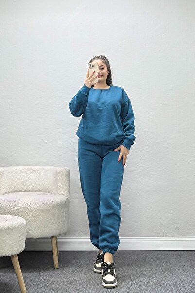 BELENDİR Women's 3 Thread Crew Neck Sweatshirt Set Petrolyesili