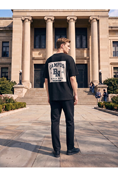 Oversize Baskılı Unisex Tişört Nova Campus Black siyah